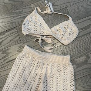 Lulus Two Peace crochet nude summer set/ cover up. Bralette style top in size S